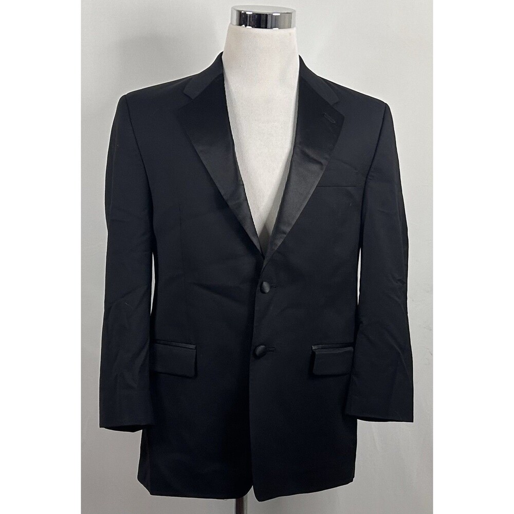 Calvin Klein 40R Tuxedo Jacket 100% Wool All Black Two Button Fully Lined - Picture 2 of 8